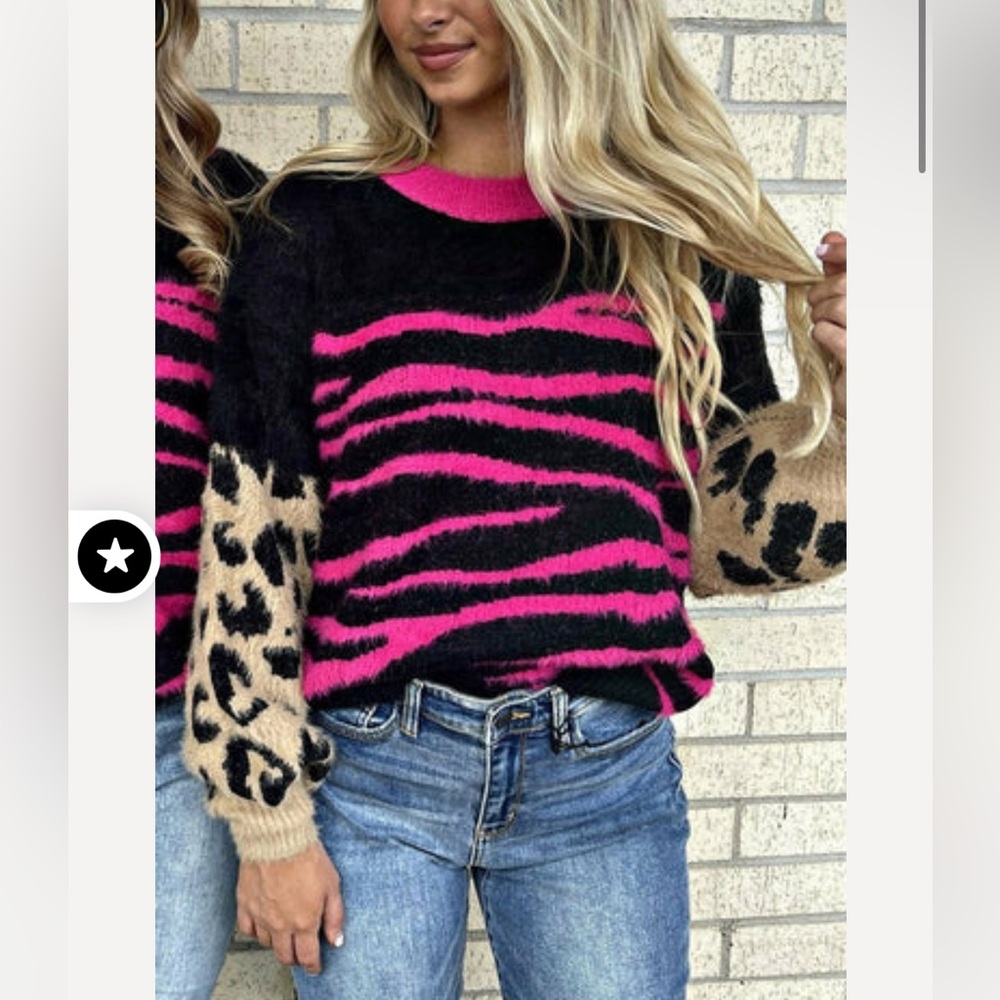 Fuzzy Leopard And Zebra Print Sweater - image 1
